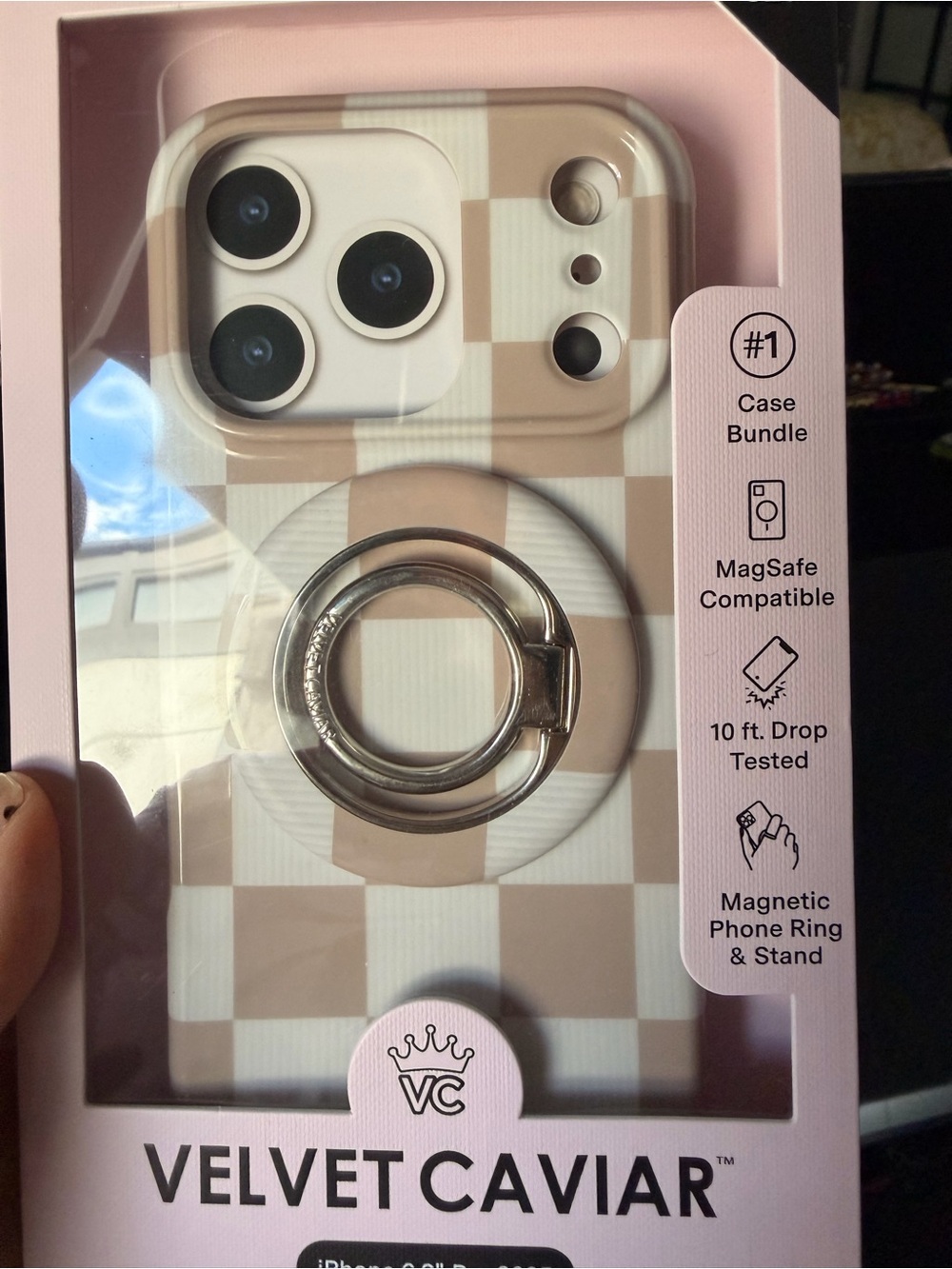 Velvet Caviar Beige & White Checker MagSafe Phone Case with Ring Stand